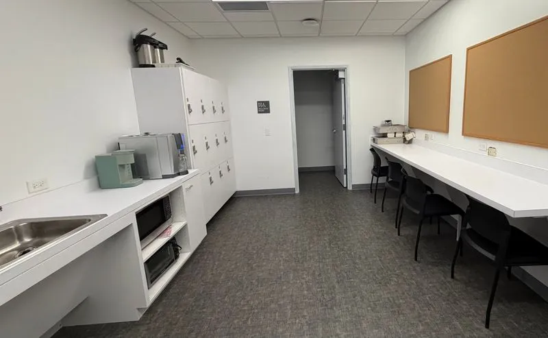 Office breakroom counter and appliances, wiped down