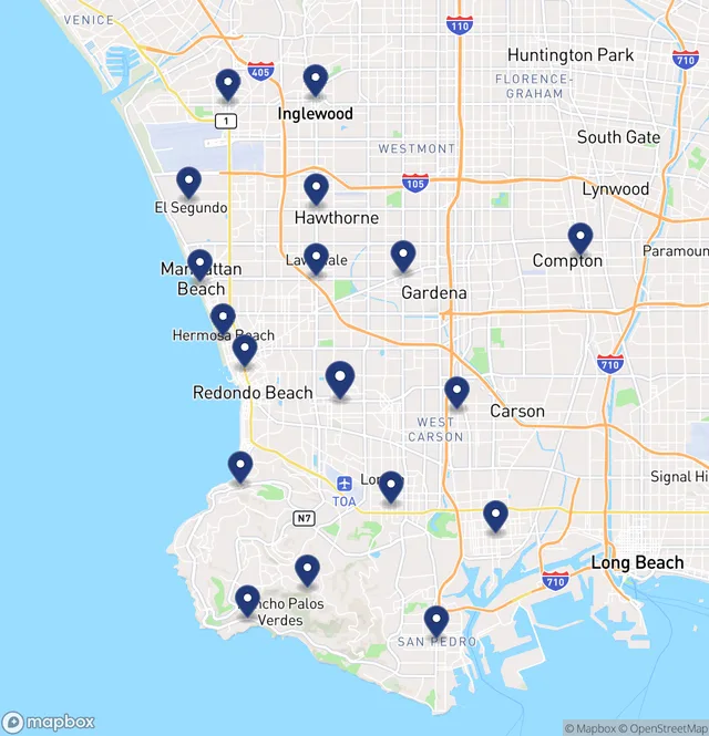 Map of the South Bay cities Kind Keep Co serves, from Torrance to San Pedro and Inglewood